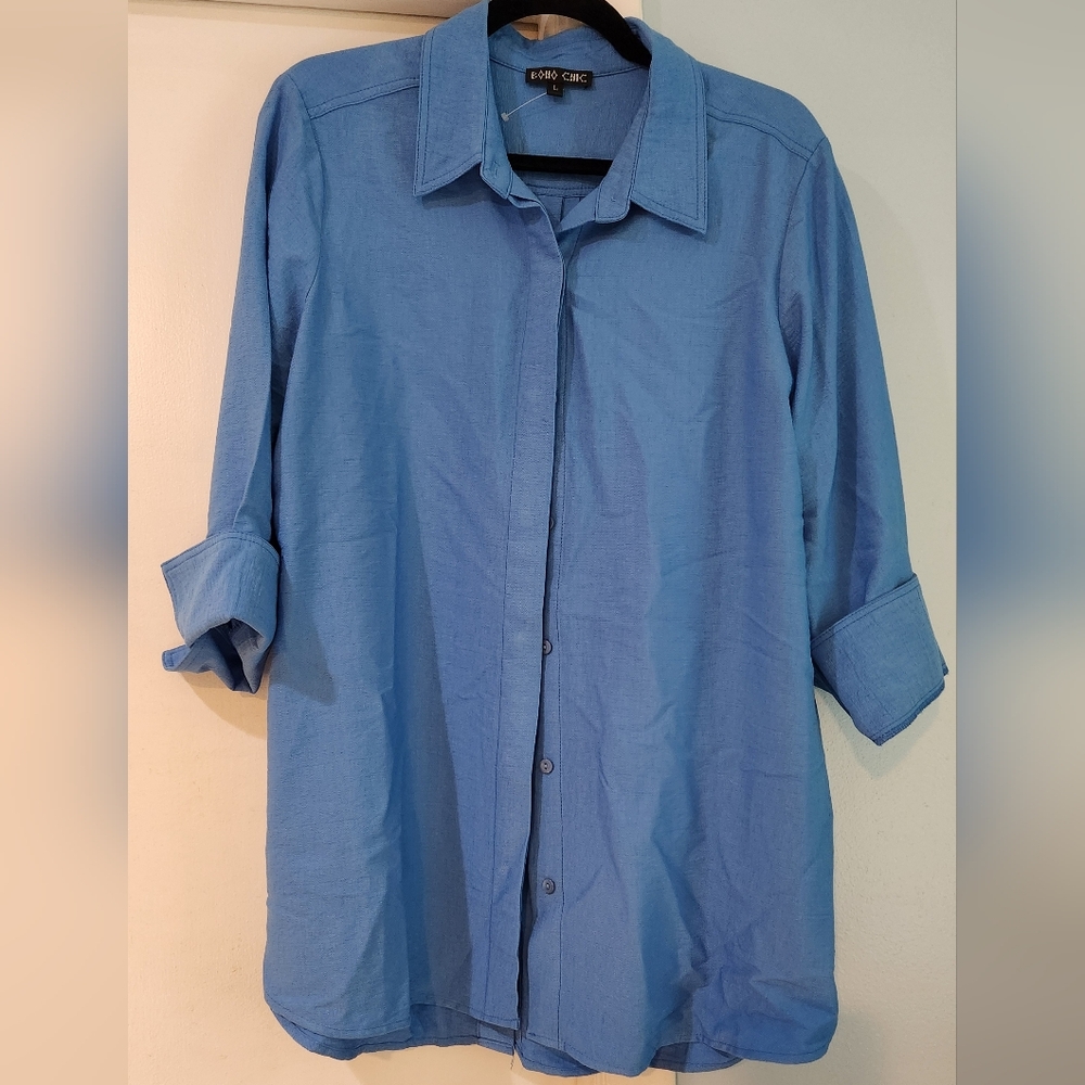 Women's Boho Chic Reverse Button-Down Blue Shirt,… - image 1